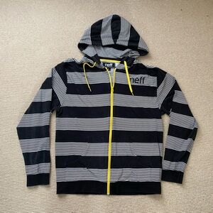 Neff Skater Y2K Full Zip Hoodie Black & White Stripes and Yellow Zipper Large